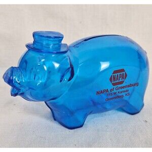 Vintage NAPA Auto Parts Greensburg KS Blue Plastic Piggy Bank Top Hat 5" Promo